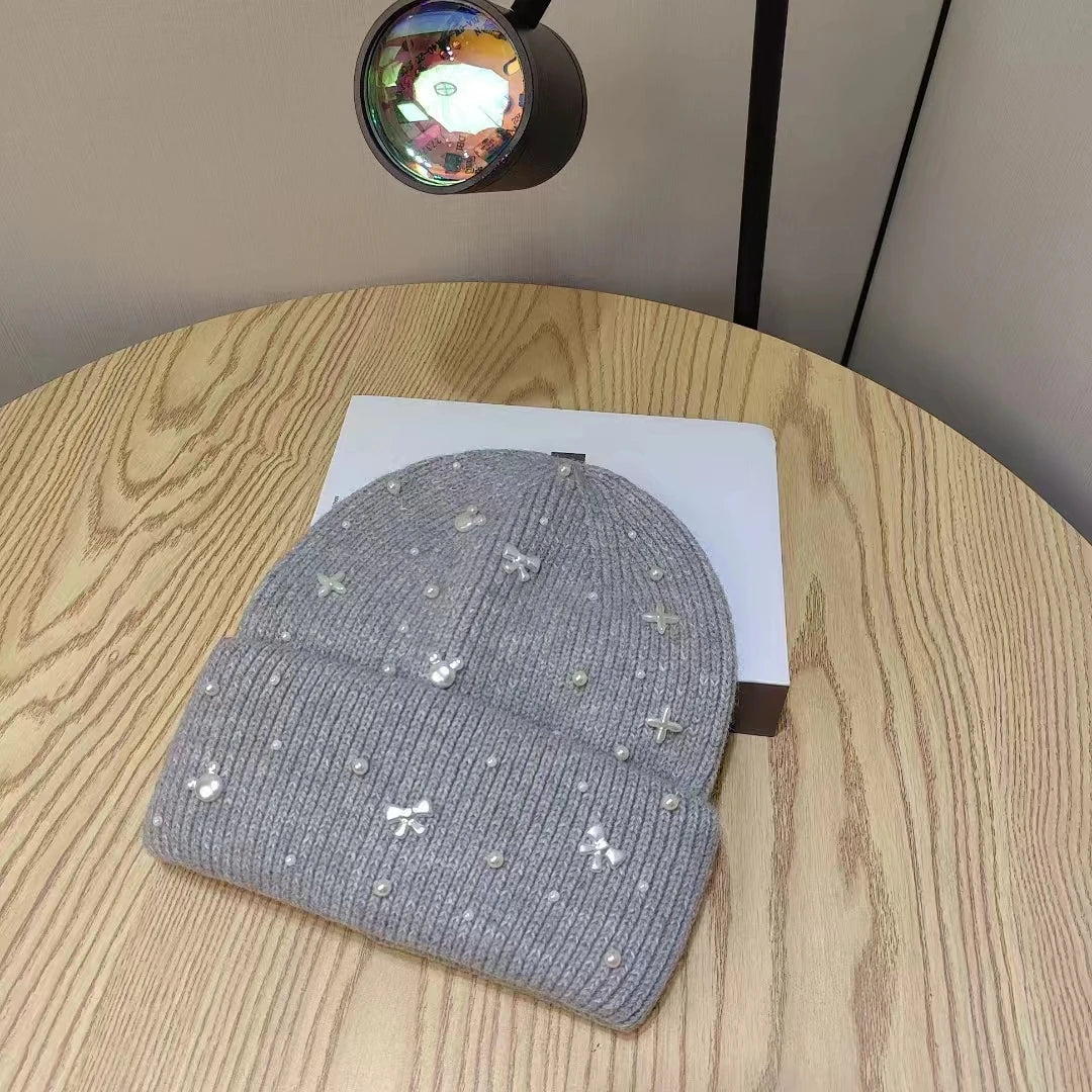 Gebreide Muts met Parelaccenten Winter Beanie Zachte Wol Volwassenen Wintermuts Trendy Comfortabel Warm Stijlvol | Sulvida