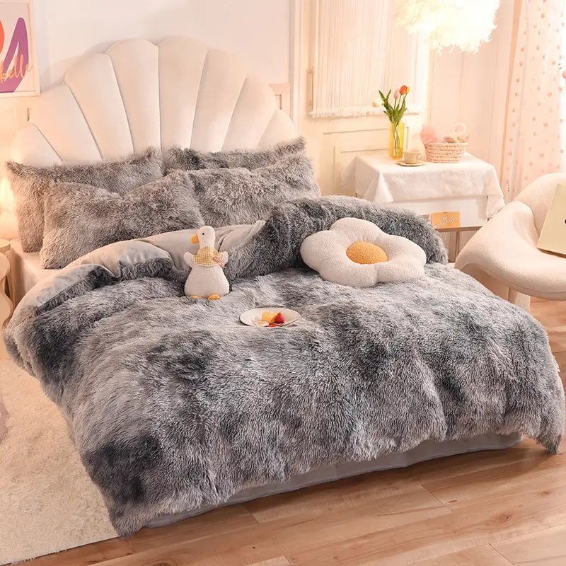 Plüsch-Fleece-Bettwäsche-Set, winterwarm, Teddy, 3-4-teilig, mit Bezug, Laken und Kissenbezügen | Sulvida