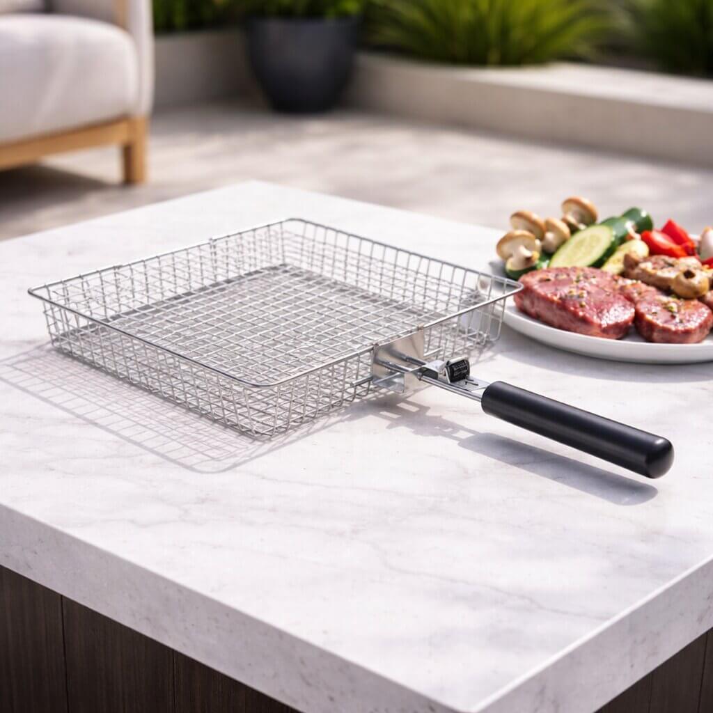 BBQ Grillmand Roestvrij Staal voor Vis & Groenten met Handgreep 33,5 cm Barbecue Roostertje Grill Accessoire | Sulvida