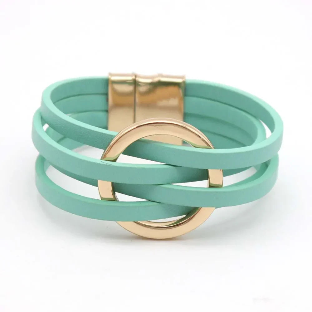 Leren Wikkelarmband Meerlaags Decoratief O-Detail Magneet Zwart Bruin Groen Navy Blauw Zilver Rood Hart | Sulvida