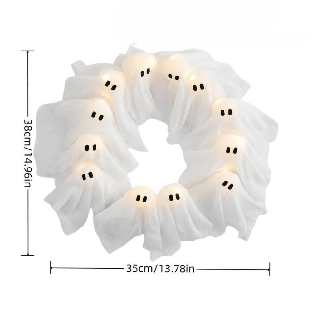 Halloween Spookjeskrans met 12 Verlichte Geesten en Gaas – Sfeervolle Decoratiekrans voor Deur Muur Veranda | Sulvida