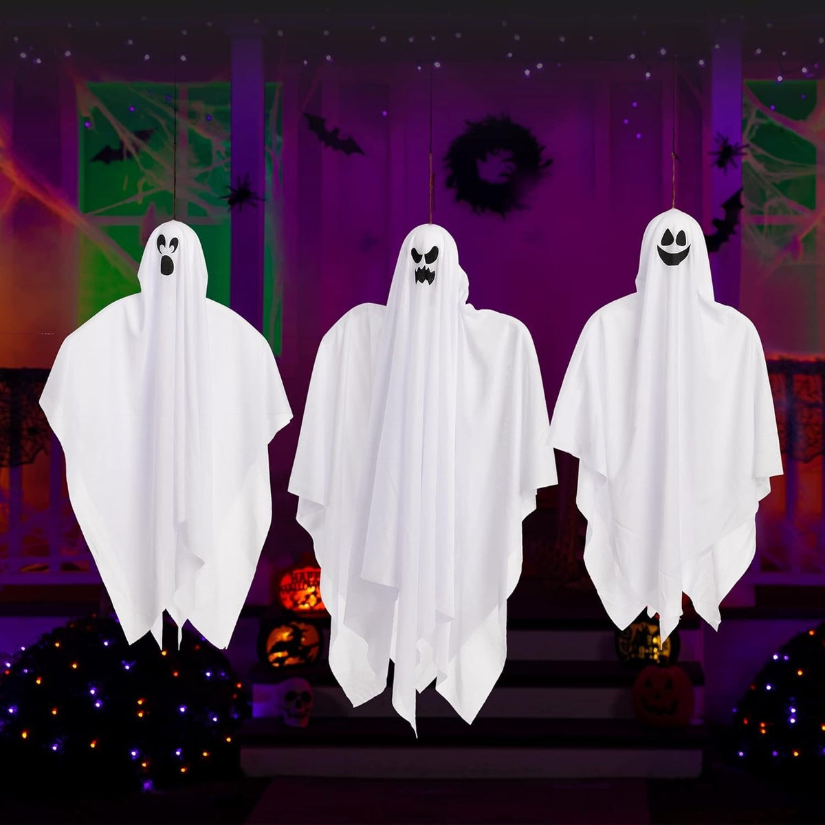 Hangende Spookfiguren Set van 3 Stuks Wit Gaas Halloween Decoratie Binnen & Buiten Griezelversiering | Sulvida