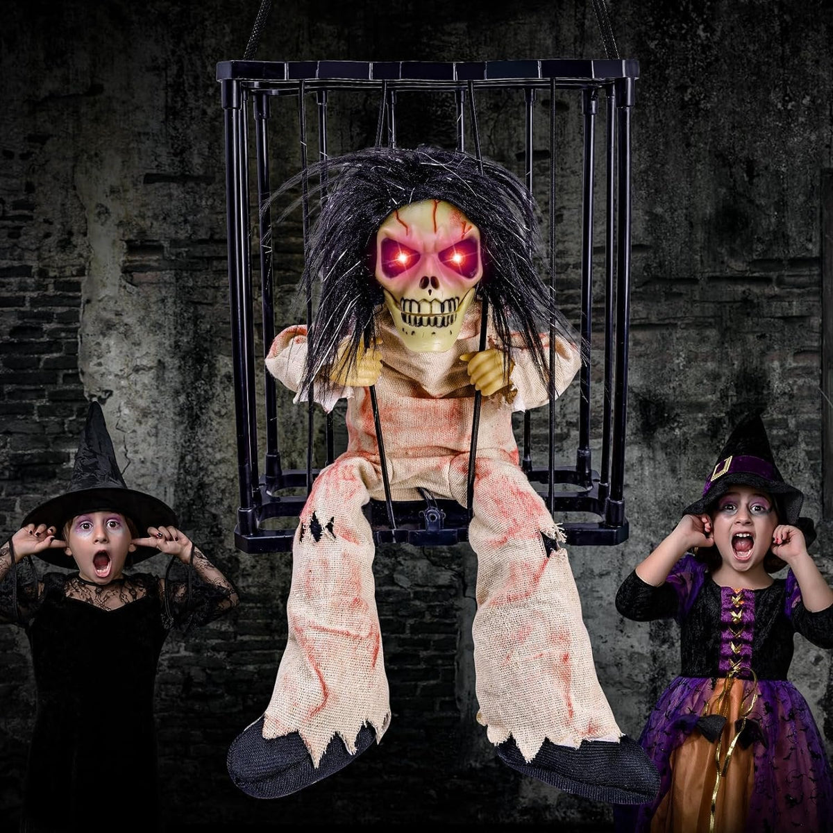 Interactieve Spookgevangene in Kooi met Geluid Licht en Bewegingssensor voor Halloween Feest en Party Decoratie | Sulvida