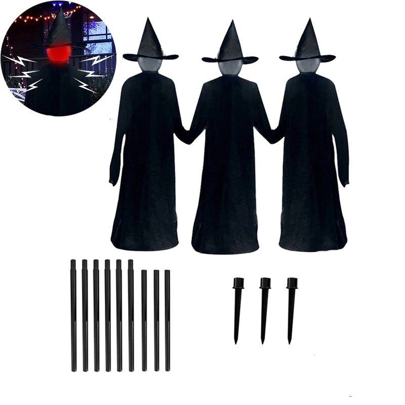 Opblaasbare Heksen met LED-Verlichting en Geluidssensor Tuindecoratie 3-delig Halloween Decoratieset Buiten | Sulvida