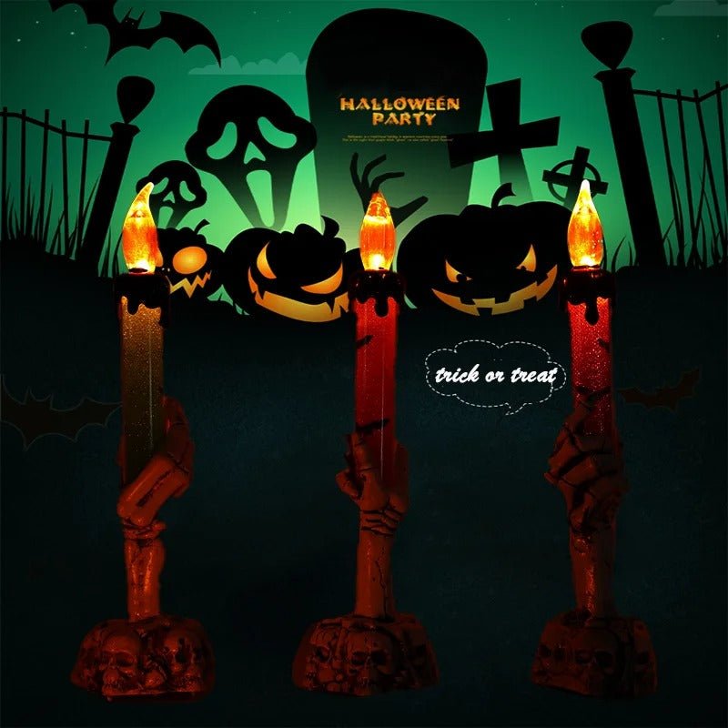 LED skelethand kandelaar met flakkerend licht voor sfeervolle halloween decoratie feestelijk tafelen | Sulvida