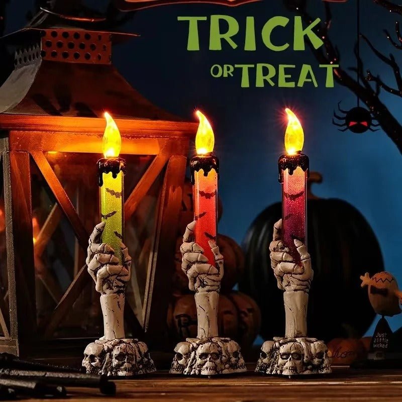 LED skelethand kandelaar met flakkerend licht voor sfeervolle halloween decoratie feestelijk tafelen | Sulvida