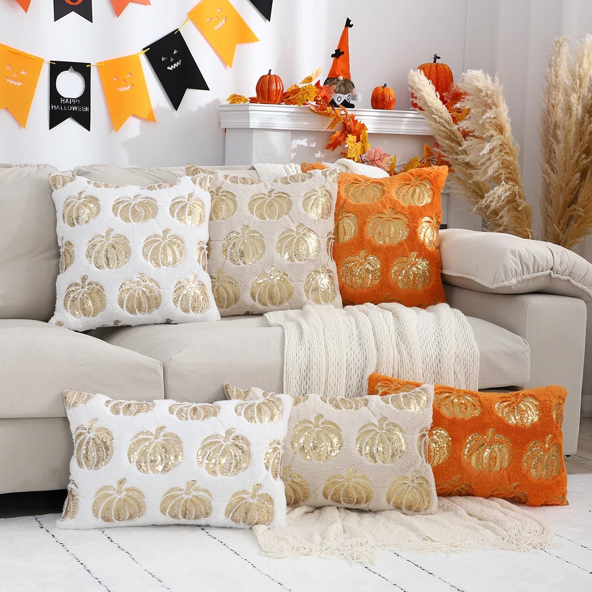 Pompoenkussenhoes met Pailletten Borduurwerk Ritssluiting Decoratief Sierkussen Herfst Interieur Woonkamer | Sulvida