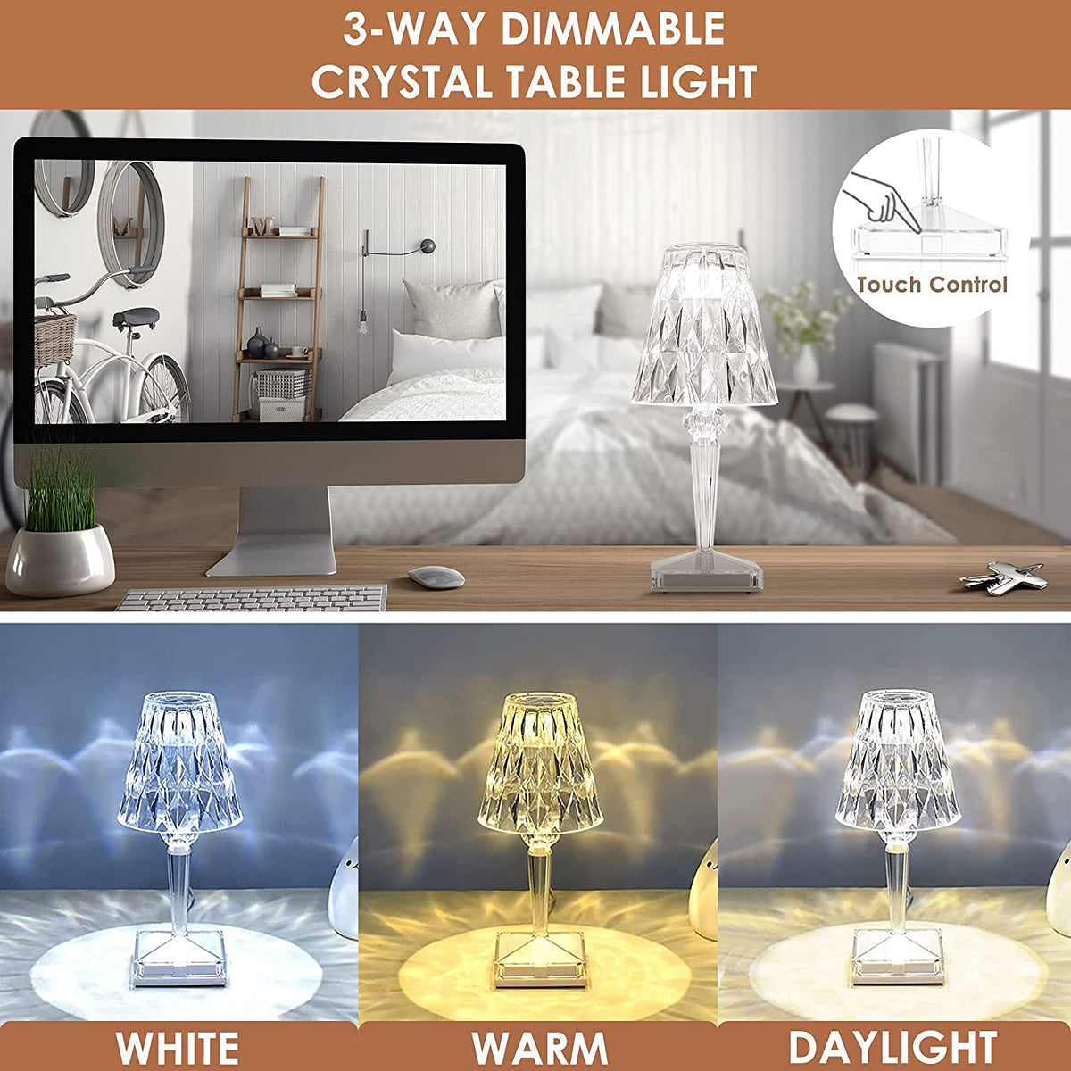 Oplaadbare LED Tafellamp Kristaleffect Diamantvorm Draadloos Touch Dimbaar Sfeerlamp Modern Design Stijlvol | Sulvida