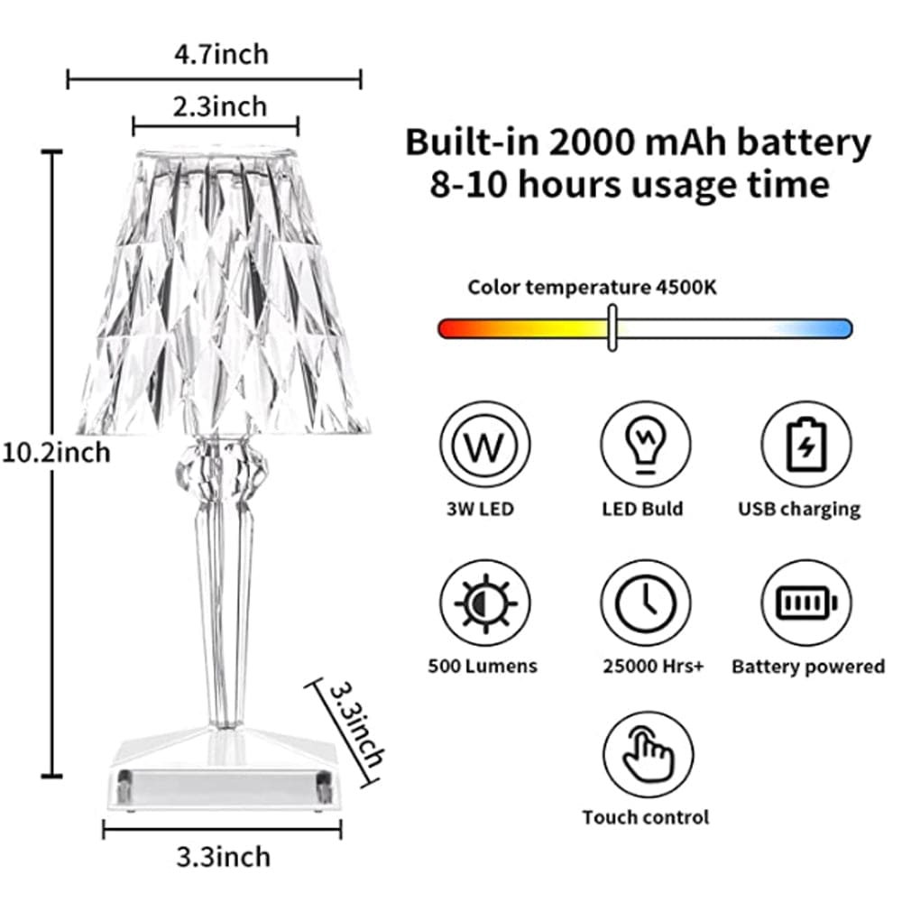 Oplaadbare LED Tafellamp Kristaleffect Diamantvorm Draadloos Touch Dimbaar Sfeerlamp Modern Design Stijlvol | Sulvida