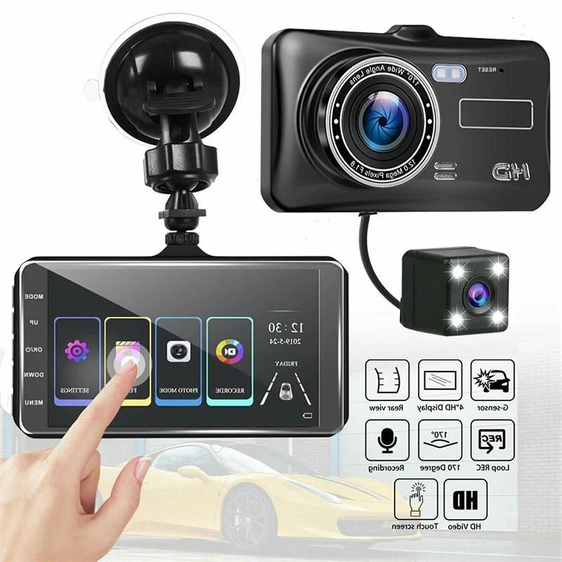 Full HD Dashcam voor- en achter 1080P met 4-inch LCD-scherm en G-sensor incl. bevestigingsmaterialen | Sulvida