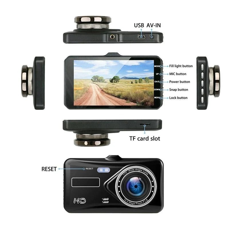 Full HD Dashcam voor- en achter 1080P met 4-inch LCD-scherm en G-sensor incl. bevestigingsmaterialen | Sulvida
