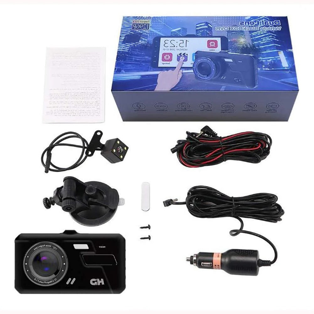 Full HD Dashcam voor- en achter 1080P met 4-inch LCD-scherm en G-sensor incl. bevestigingsmaterialen | Sulvida