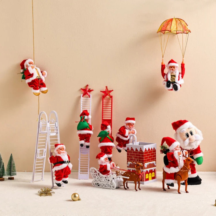 Klimmende Kerstman Decoratie met Ladder Lichtjes Geluid Batterij Kerst Animatie Bewegend Figuur Feestdagen | Sulvida