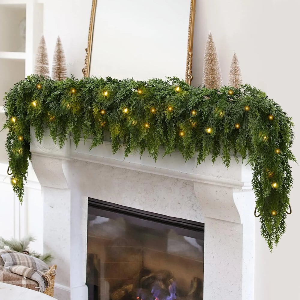 Kunstkerstslinger met LED-verlichting 200 cm Cedergroenlook Warmwit Binnen Buiten Deurslinger Kerstdecoratie | Sulvida