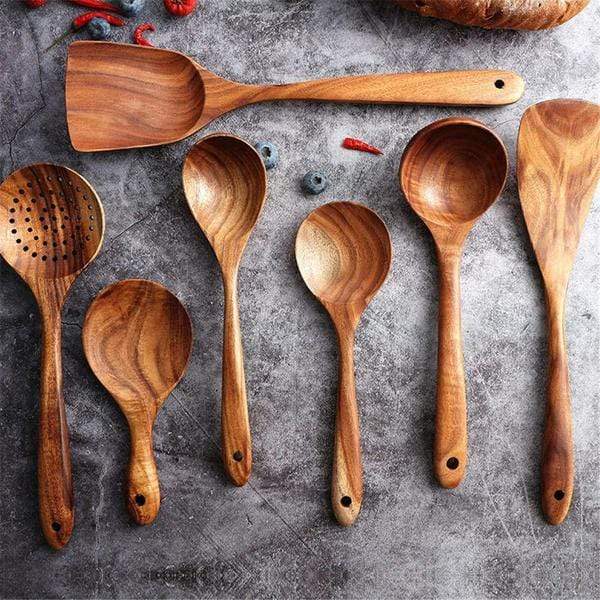 Handgemaakt Teakhouten Keukengerei Set 7-delig Houten Lepels Spatel Kookgerei Ecologisch Natuurlijk Duurzaam | Sulvida