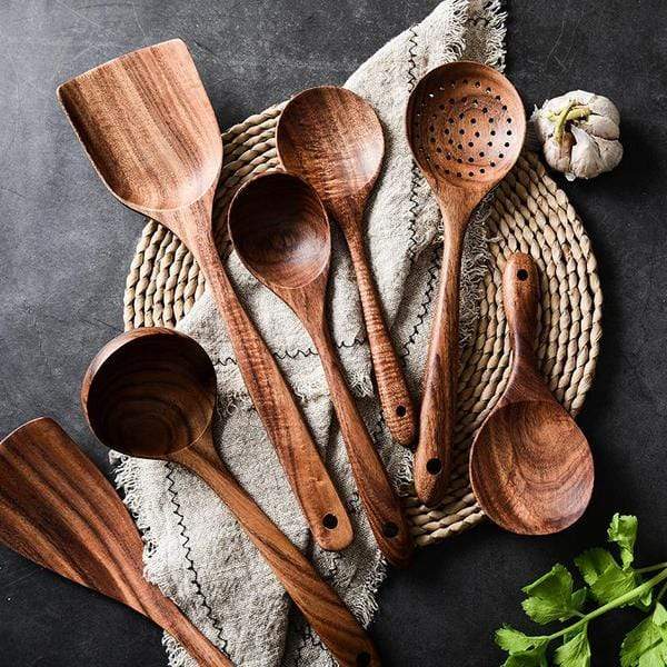 Handgemaakt Teakhouten Keukengerei Set 7-delig Houten Lepels Spatel Kookgerei Ecologisch Natuurlijk Duurzaam | Sulvida