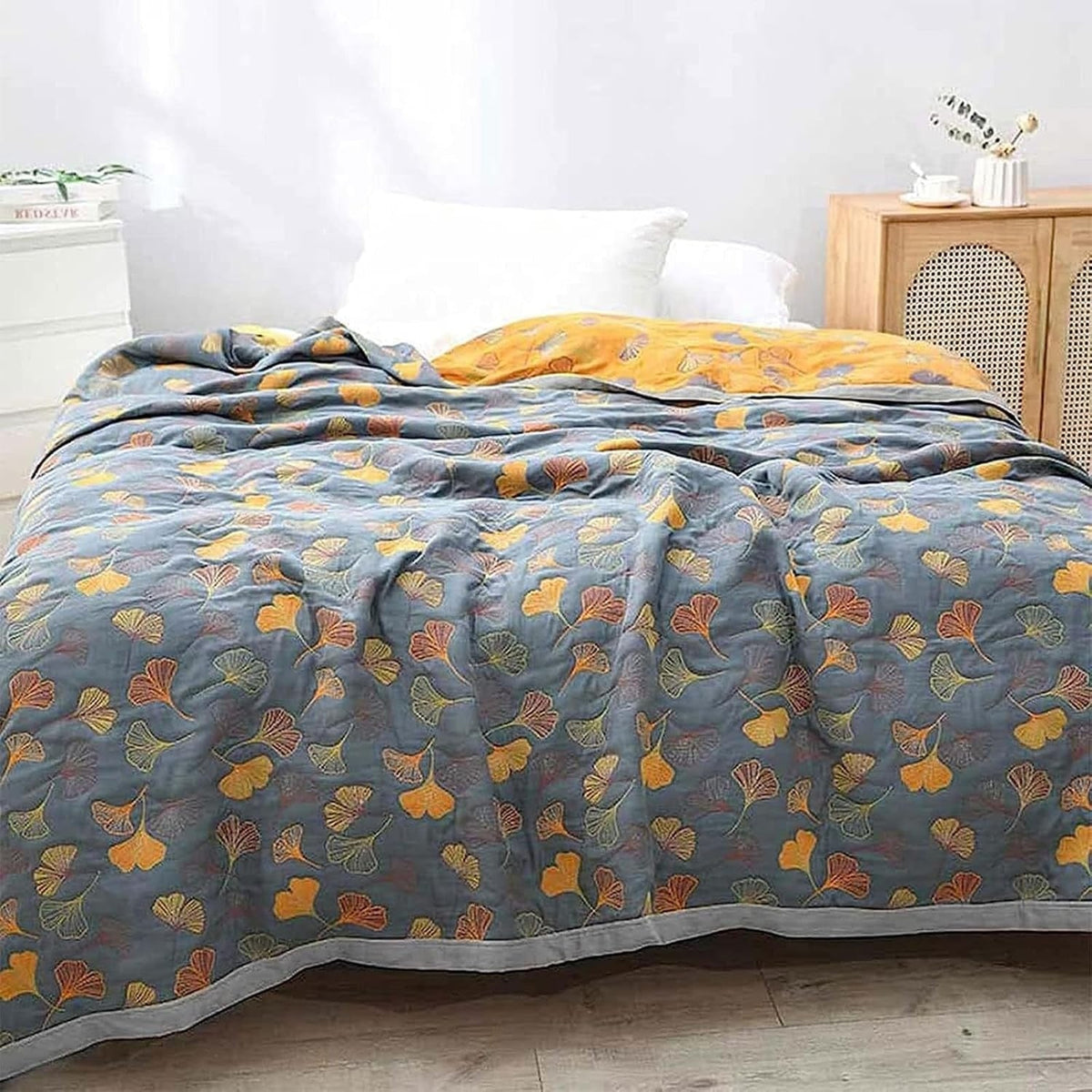 Ginkgo Bladeren Plaid Omkeerbaar Fleece Woonkussen Deken Groen Geel Blauw Botanisch Patroon Bank Bed | Sulvida