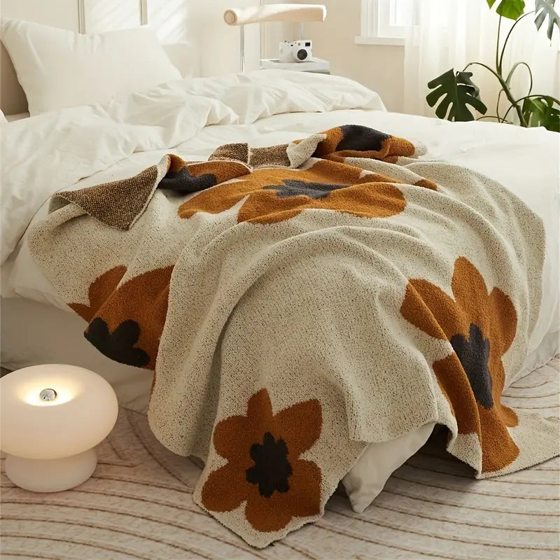 Gebreide Plaid met Bloemenpatroon 120x150 cm Grijs Oranje Rood Woonkamer Slaapkamer Bank Decoratief Deken | Sulvida