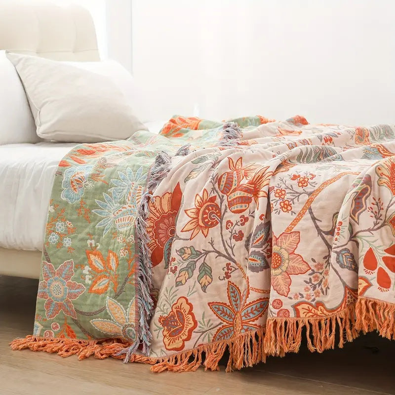 Boheemse Katoenen Plaid met Bloemenmotief – Oranje en Blauw op Crème Achtergrond voor Bank Bed Interieur | Sulvida