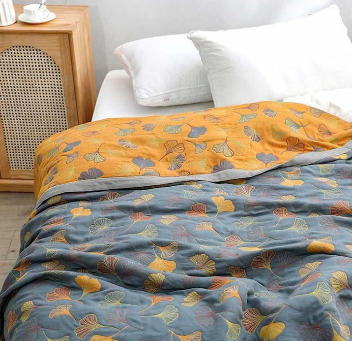 Ginkgo Bladeren Plaid Omkeerbaar Fleece Woonkussen Deken Groen Geel Blauw Botanisch Patroon Bank Bed | Sulvida