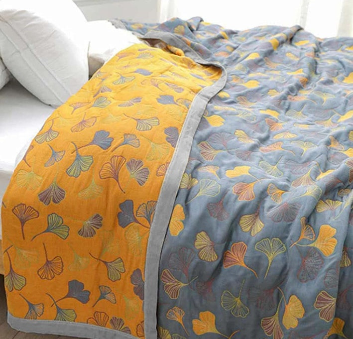 Ginkgo Bladeren Plaid Omkeerbaar Fleece Woonkussen Deken Groen Geel Blauw Botanisch Patroon Bank Bed | Sulvida
