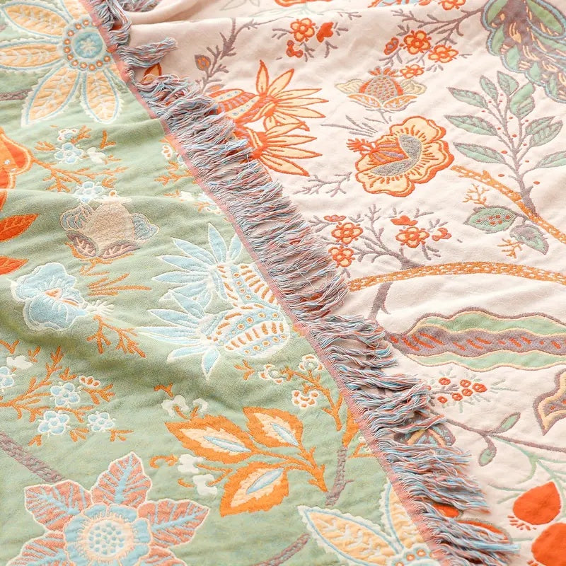 Boheemse Katoenen Plaid met Bloemenmotief – Oranje en Blauw op Crème Achtergrond voor Bank Bed Interieur | Sulvida