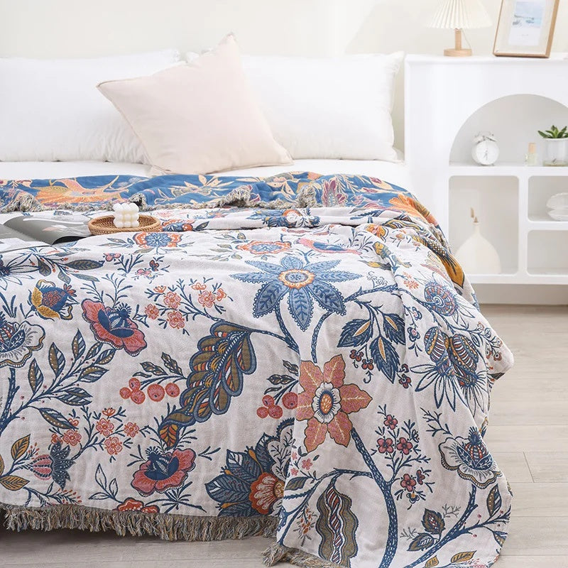 Katoenen Plaid met Bloemendessin en Franjes 150x200 200x230 230x250 Jacquard Weefpatroon Omkeerbaar Deken | Sulvida