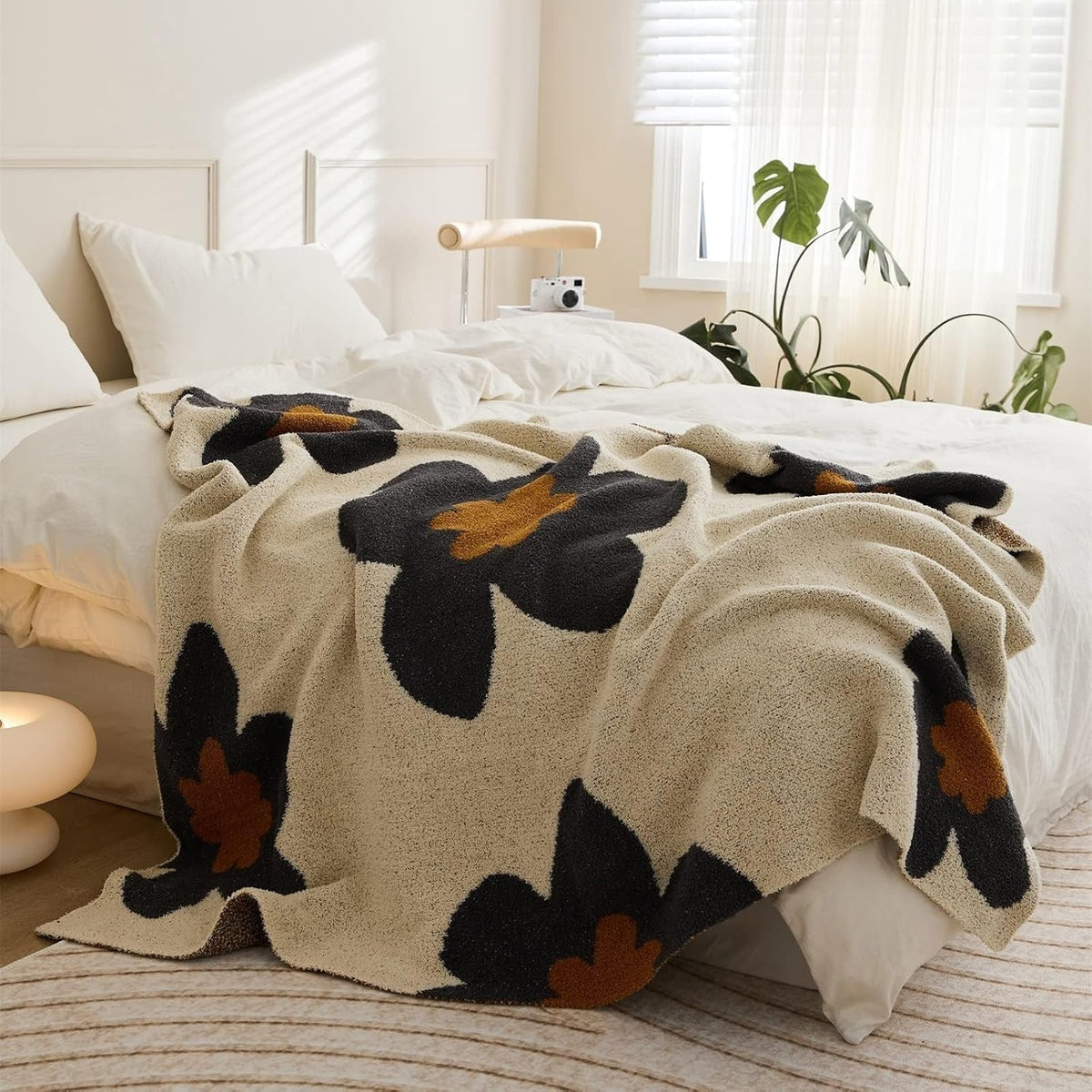 Gebreide Plaid met Bloemenpatroon 120x150 cm Grijs Oranje Rood Woonkamer Slaapkamer Bank Decoratief Deken | Sulvida
