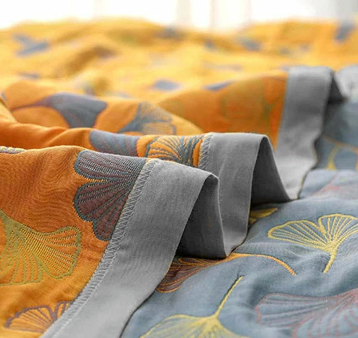 Ginkgo Bladeren Plaid Omkeerbaar Fleece Woonkussen Deken Groen Geel Blauw Botanisch Patroon Bank Bed | Sulvida
