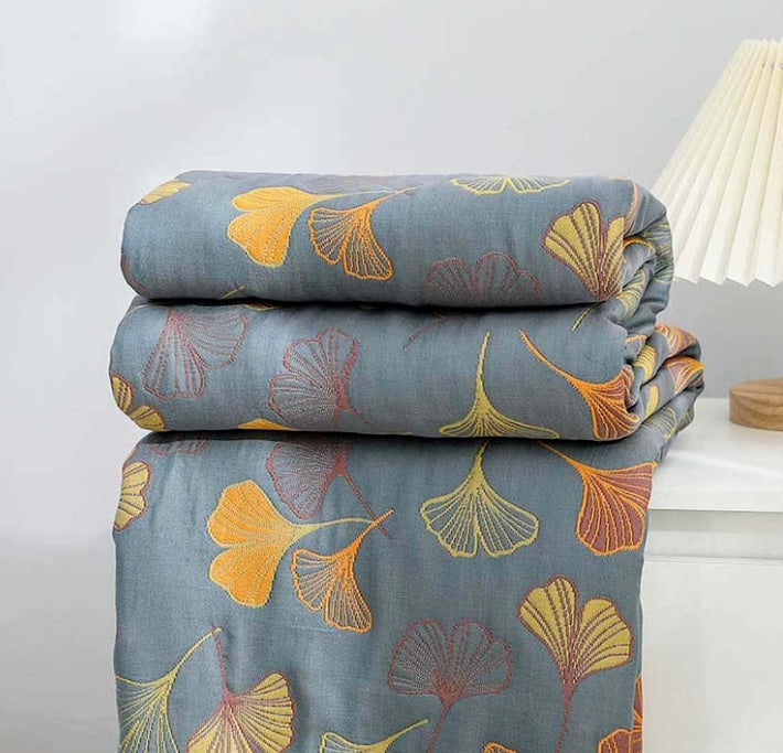 Ginkgo Bladeren Plaid Omkeerbaar Fleece Woonkussen Deken Groen Geel Blauw Botanisch Patroon Bank Bed | Sulvida