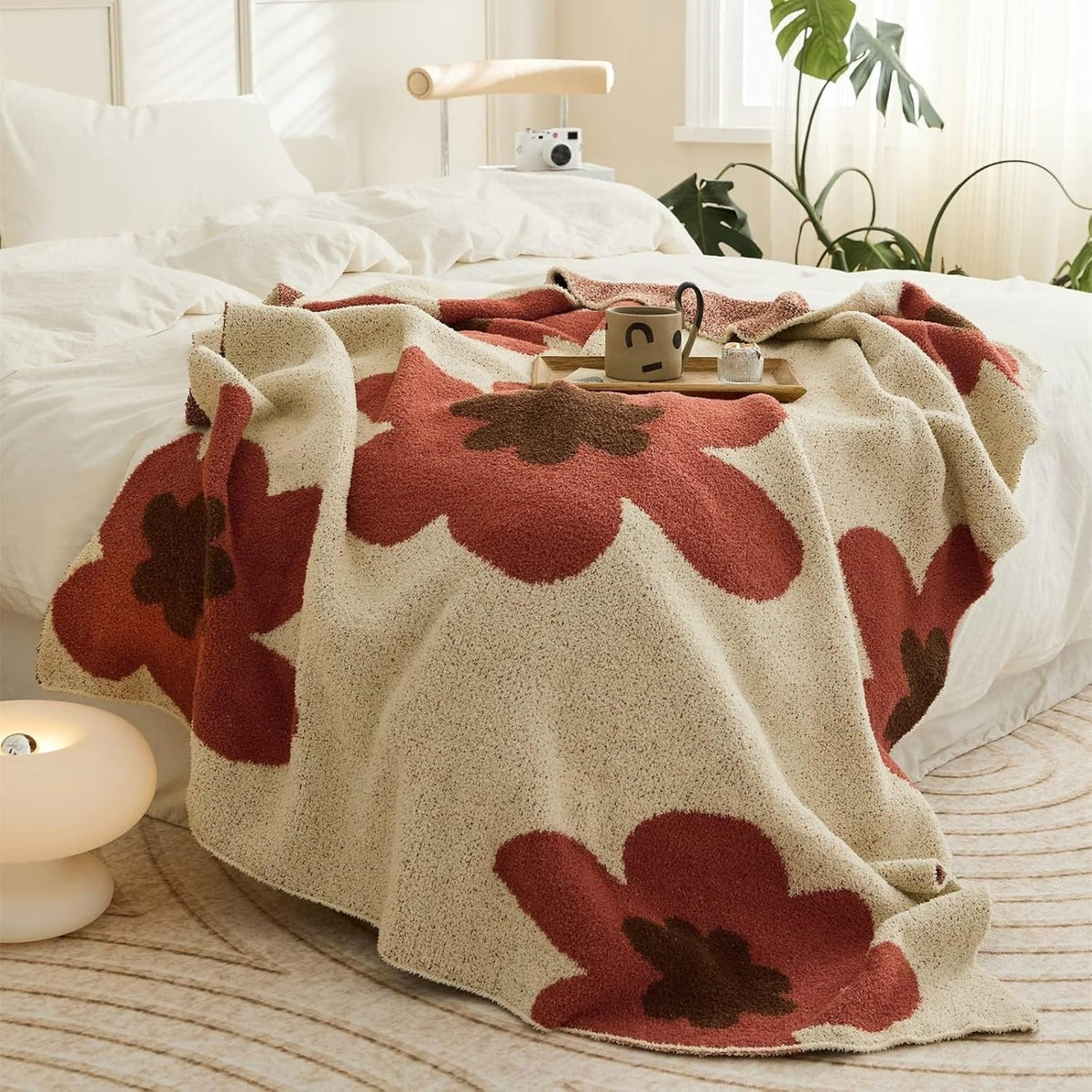Gebreide Plaid met Bloemenpatroon 120x150 cm Grijs Oranje Rood Woonkamer Slaapkamer Bank Decoratief Deken | Sulvida