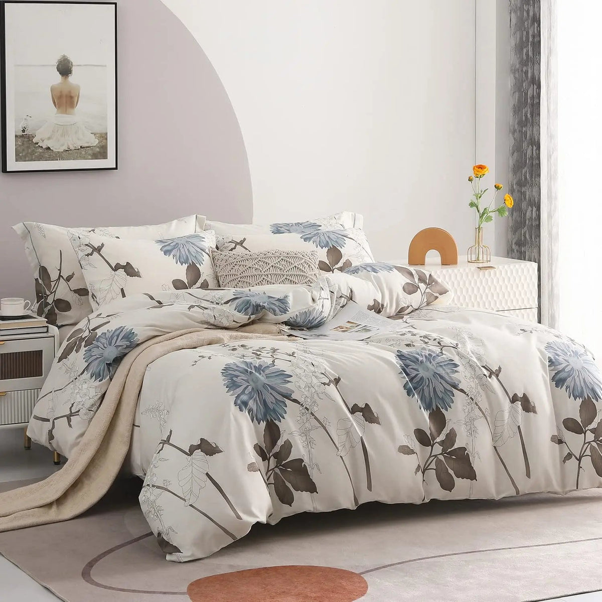Botanisch Dekbedovertrek Set 4-delig Omkeerbaar Katoen 600 Threads Bloemenprint Luxe Slaapkamer Beddengoed | Sulvida