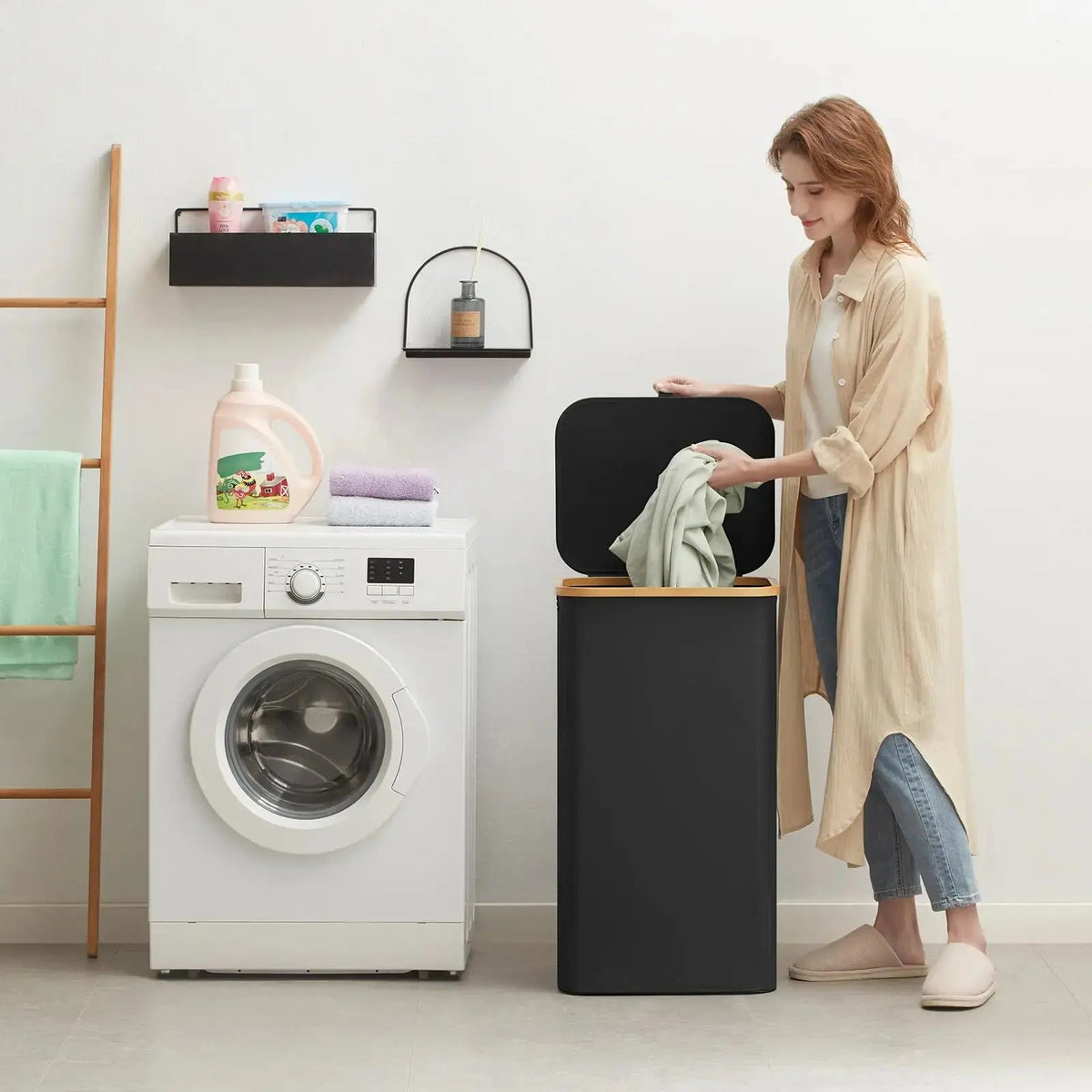 Wasmand 100L met deksel grijs bamboe handvatten afneembare binnenzak opbergmand wasgoed badkamer slaapkamer | Sulvida