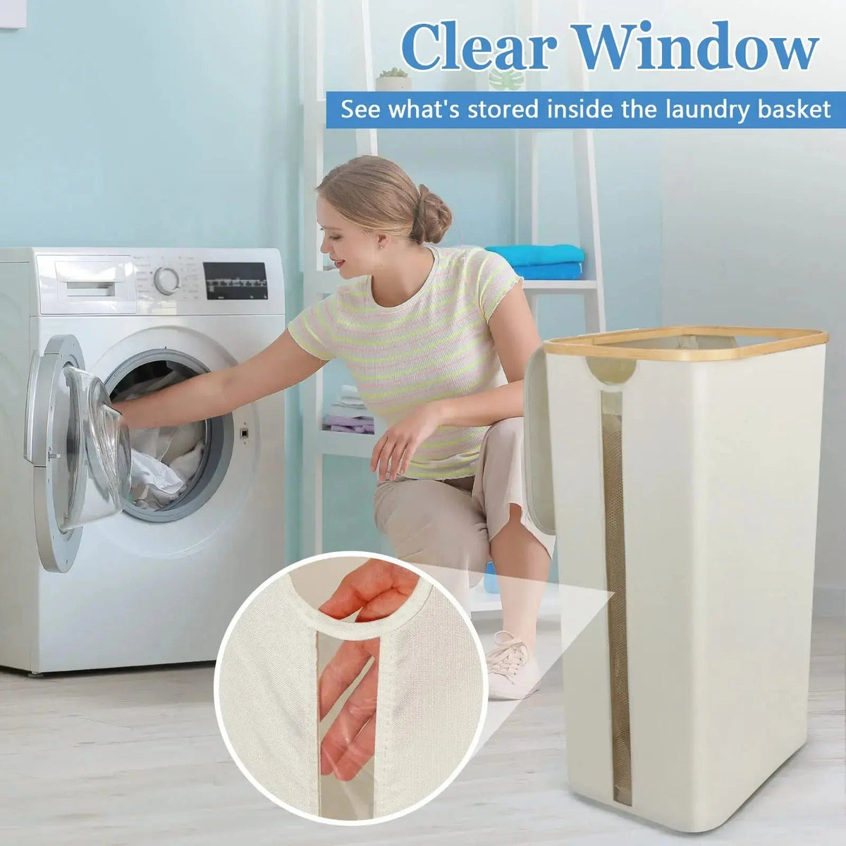 Wasmand 100L met deksel grijs bamboe handvatten afneembare binnenzak opbergmand wasgoed badkamer slaapkamer | Sulvida