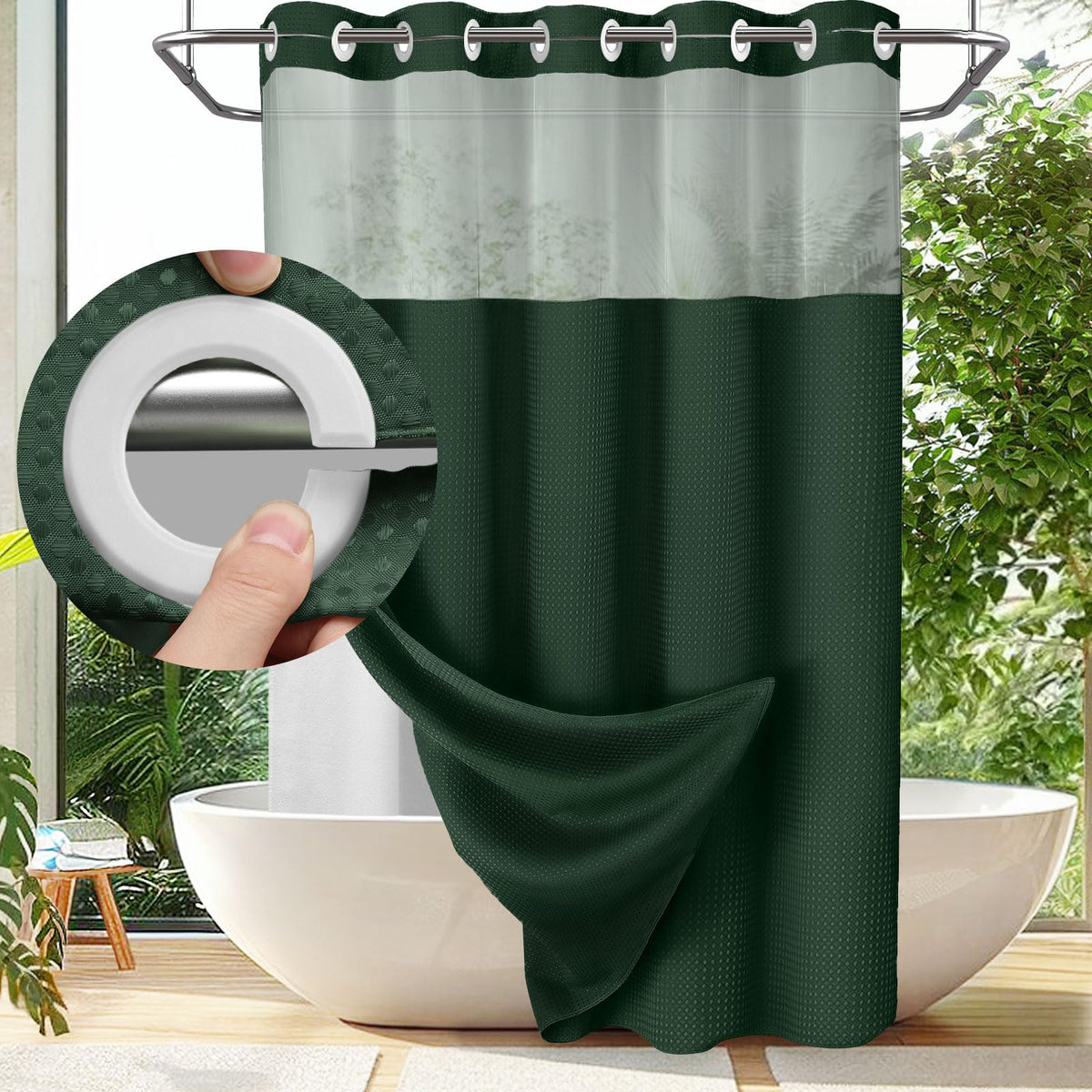 Douchegordijn zonder ringen polyester wafeldoek met ingebouwde liner badkamer waterdicht grijs wit modern | Sulvida