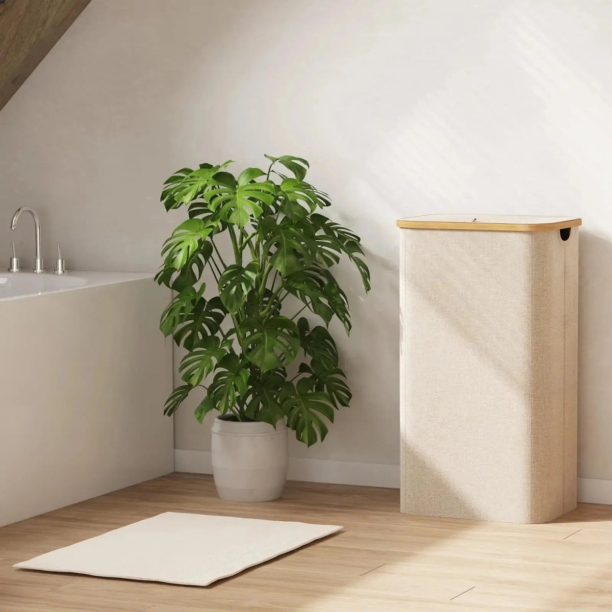Wasmand 100L met deksel grijs bamboe handvatten afneembare binnenzak opbergmand wasgoed badkamer slaapkamer | Sulvida