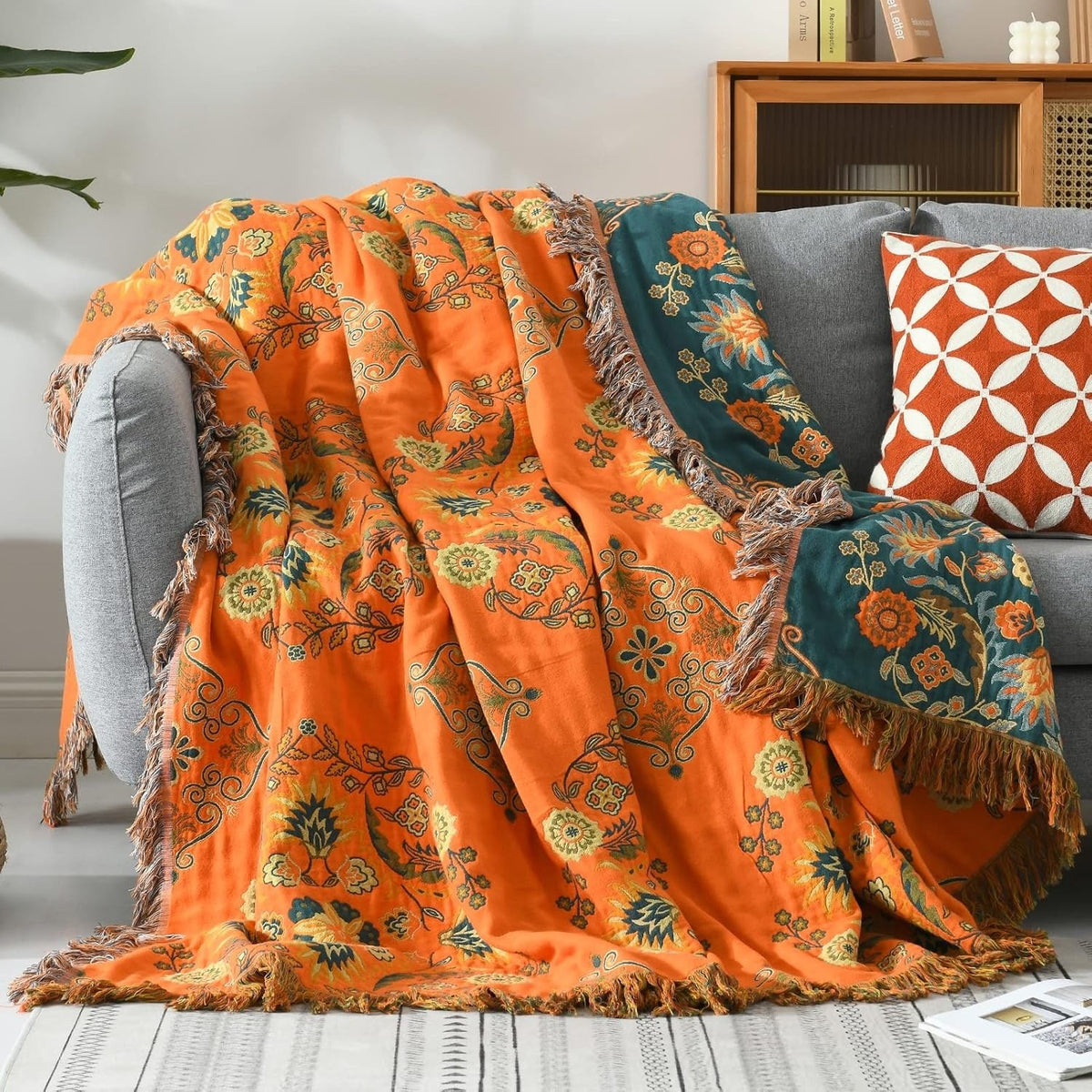 Katoenen Plaid met Vintage Bloempatroon Oranje Turquoise Dubbelzijdig Zacht Bankkleed Picknickdeken Woonkamer | Sulvida