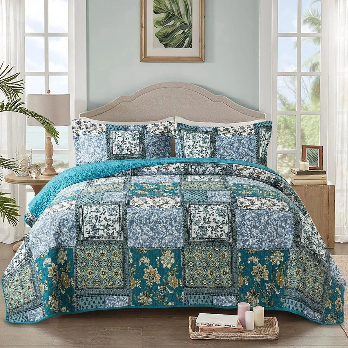 Patchwork Quilt Set Blauw Wit Bloemmotief Dubbelzijdig Bedsprei met Kussenslopen Lichtgewicht Slaapkamer | Sulvida