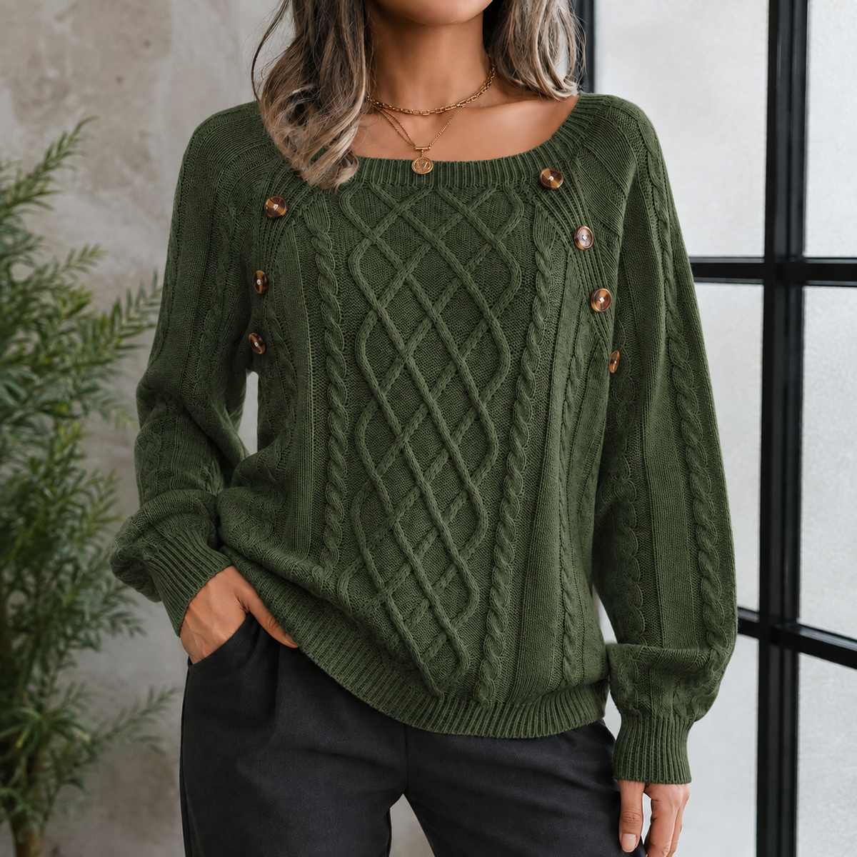 Gebreide dames trui met kabelpatroon en schouderknopen warm comfortabel voor herfst winter casual stijl | Sulvida