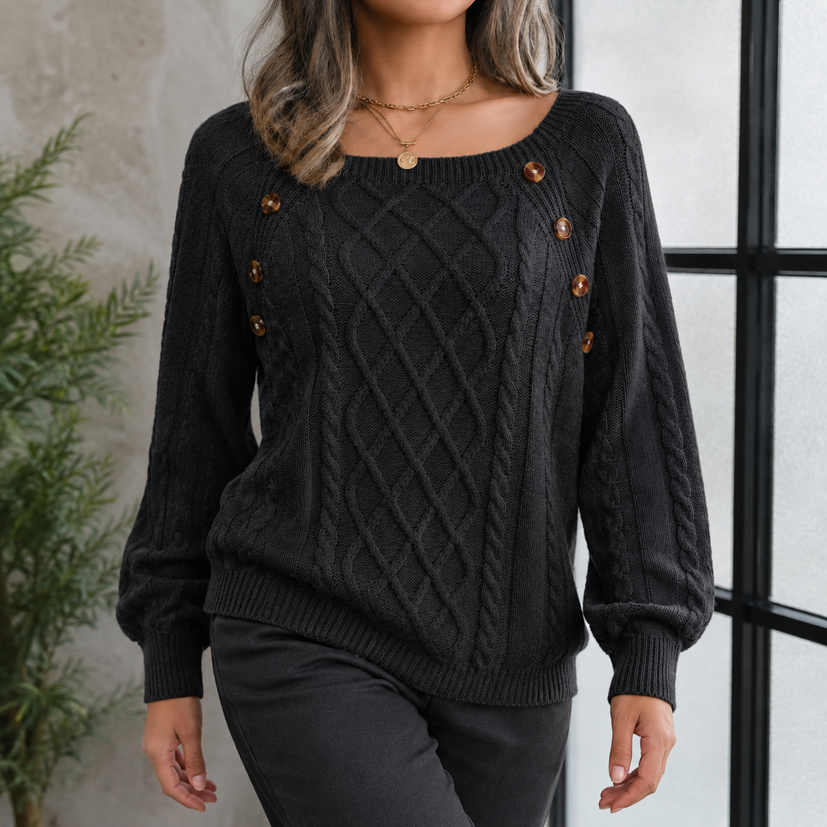 Gebreide dames trui met kabelpatroon en schouderknopen warm comfortabel voor herfst winter casual stijl | Sulvida