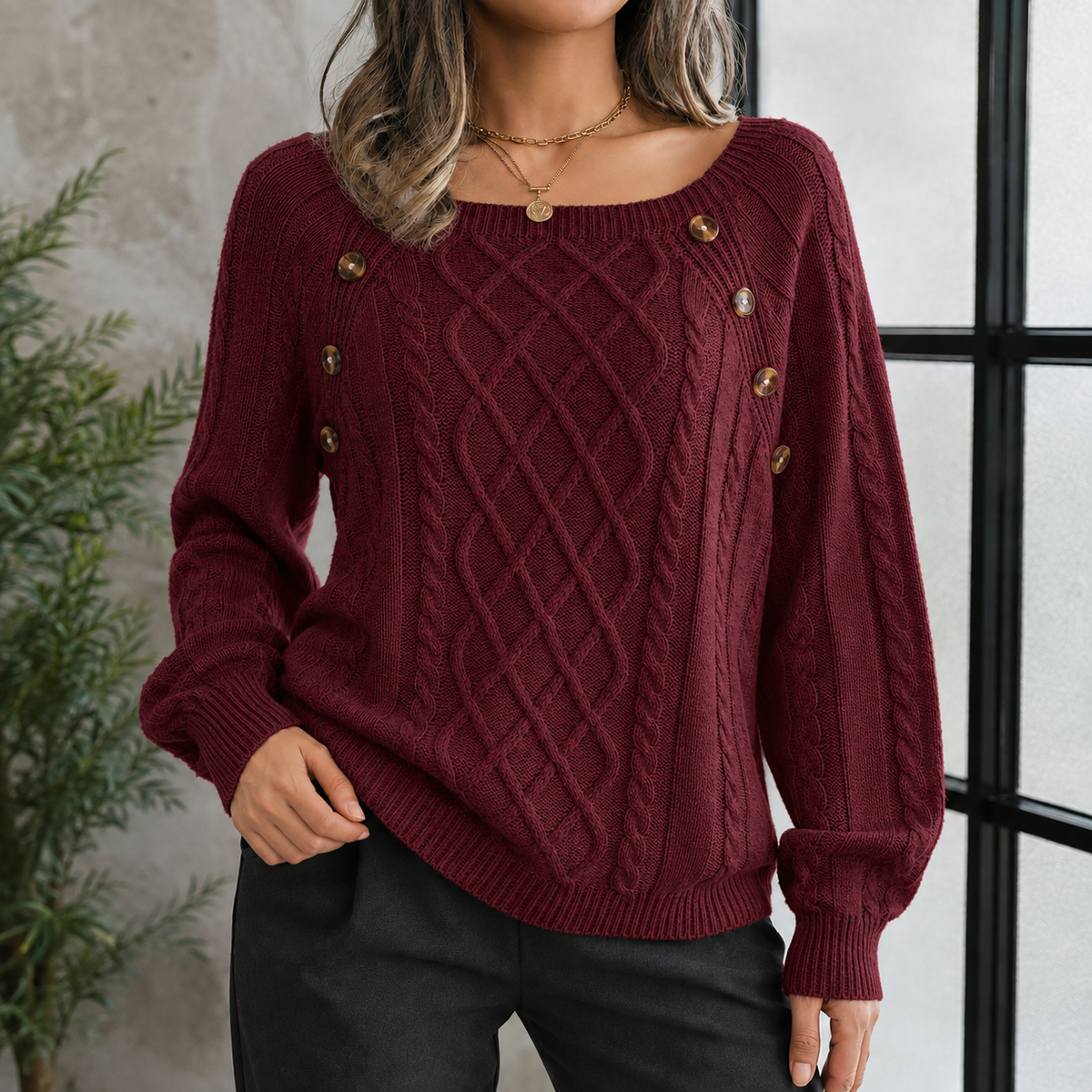 Gebreide dames trui met kabelpatroon en schouderknopen warm comfortabel voor herfst winter casual stijl | Sulvida