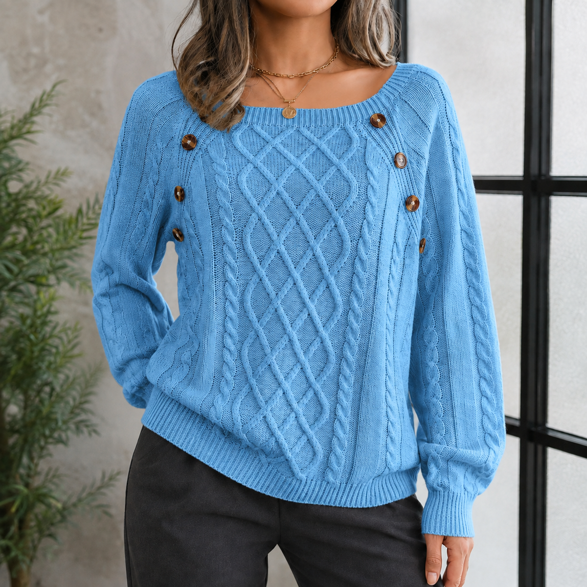 Gebreide dames trui met kabelpatroon en schouderknopen warm comfortabel voor herfst winter casual stijl | Sulvida