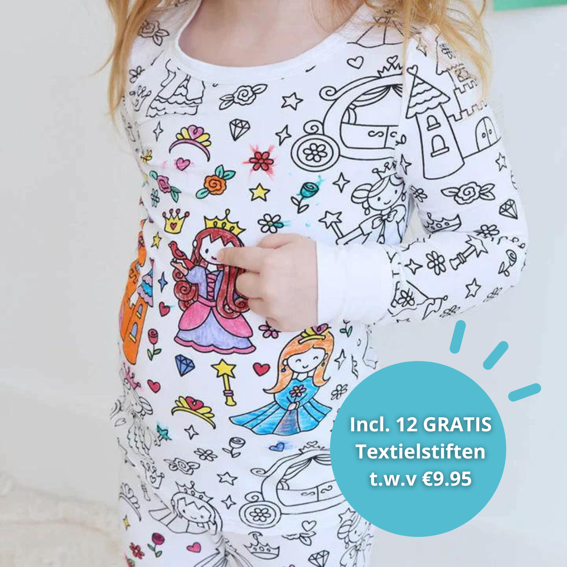 Inkleurbare Kinderpyjama met 12 Textielstiften Creatief Speelgoed Herbruikbaar Wasbaar Slaapkleding DIY Activiteit | Sulvida