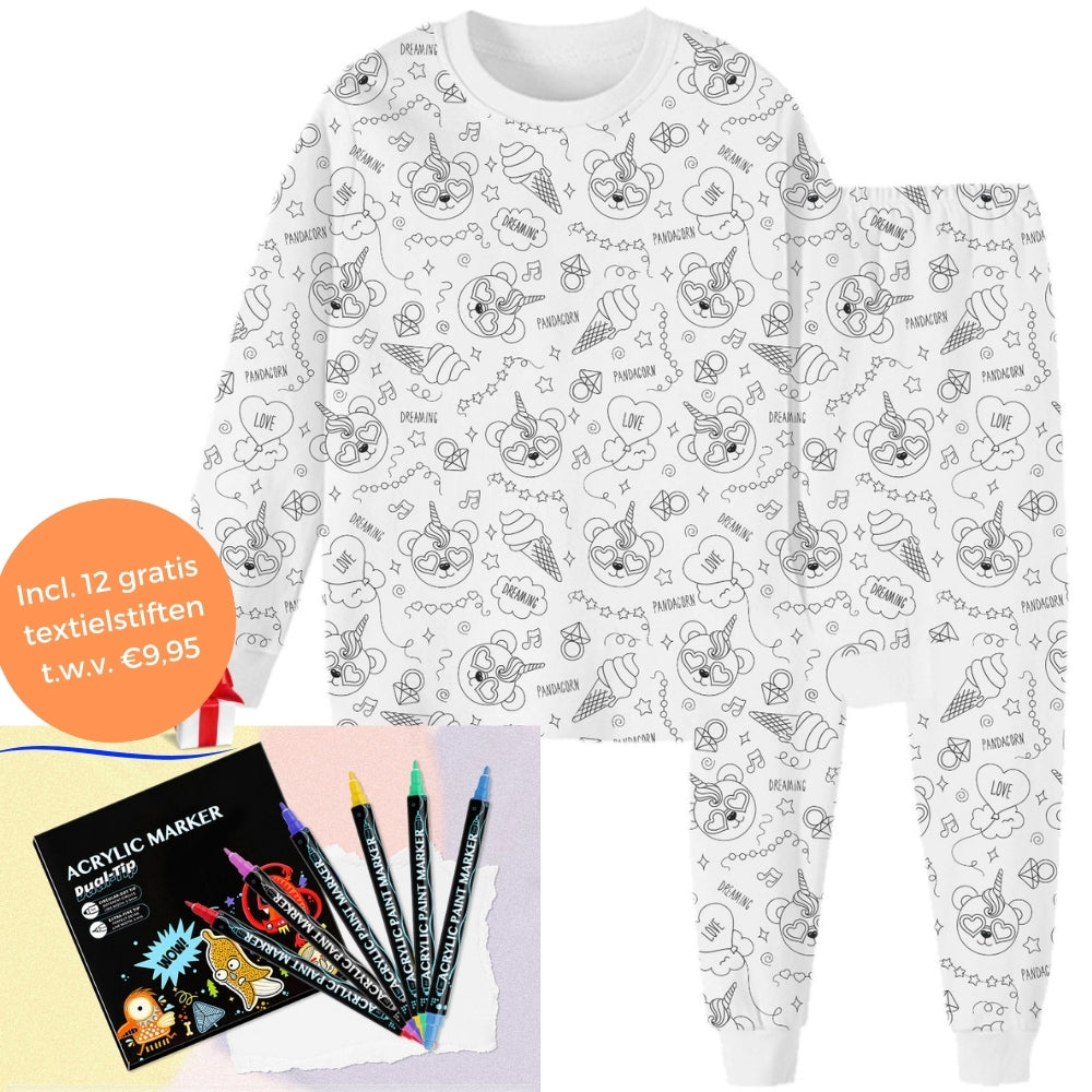 Inkleurbare Kinderpyjama met 12 Textielstiften Creatief Speelgoed Herbruikbaar Wasbaar Slaapkleding DIY Activiteit | Sulvida