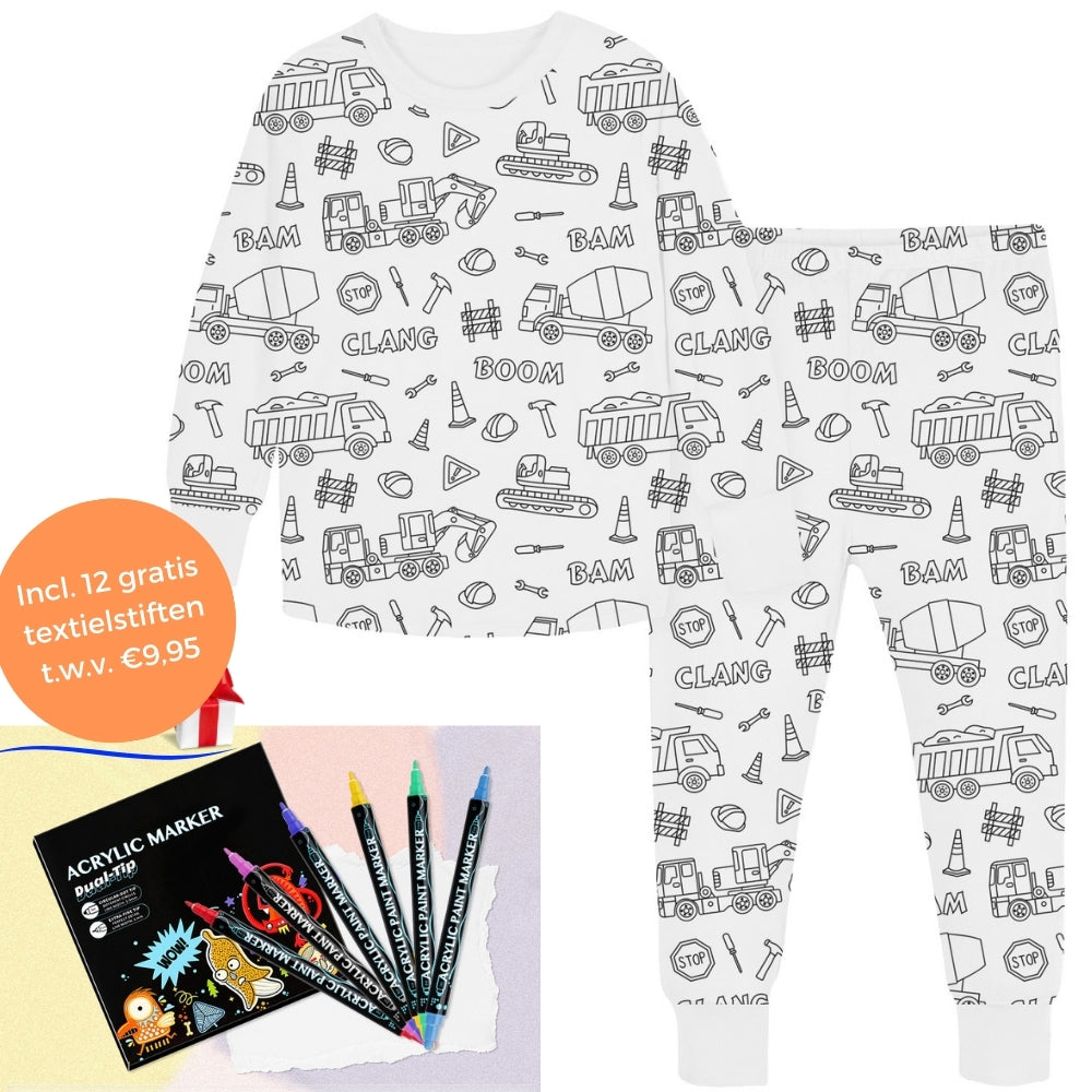 Inkleurbare Kinderpyjama met 12 Textielstiften Creatief Speelgoed Herbruikbaar Wasbaar Slaapkleding DIY Activiteit | Sulvida