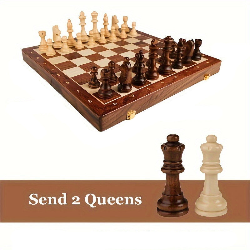 Schaakspel massief hout inklapbaar bord met opbergvak 39 cm klassiek strategie bordspel bruin houten schaakstukken | Sulvida