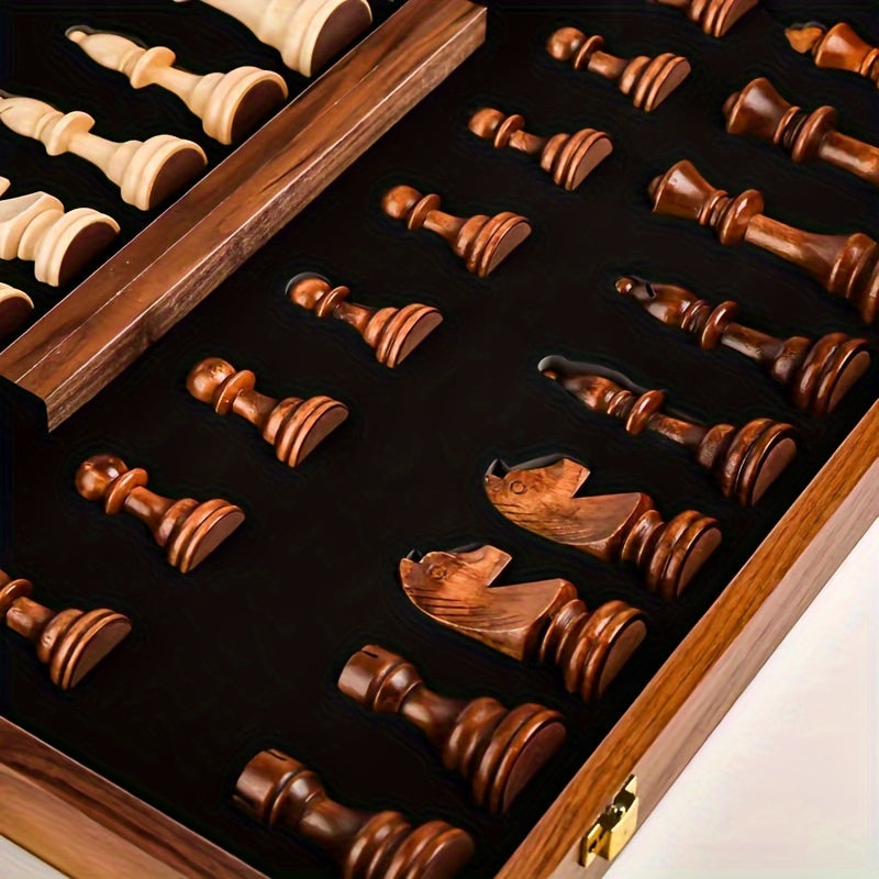 Schaakspel massief hout inklapbaar bord met opbergvak 39 cm klassiek strategie bordspel bruin houten schaakstukken | Sulvida