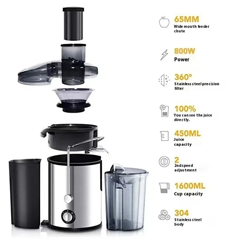 Centrifugeuse électrique 800W avec ouverture de remplissage de 65mm et 2 vitesses pour des jus de fruits et de légumes frais et des smoothies | Sulvida