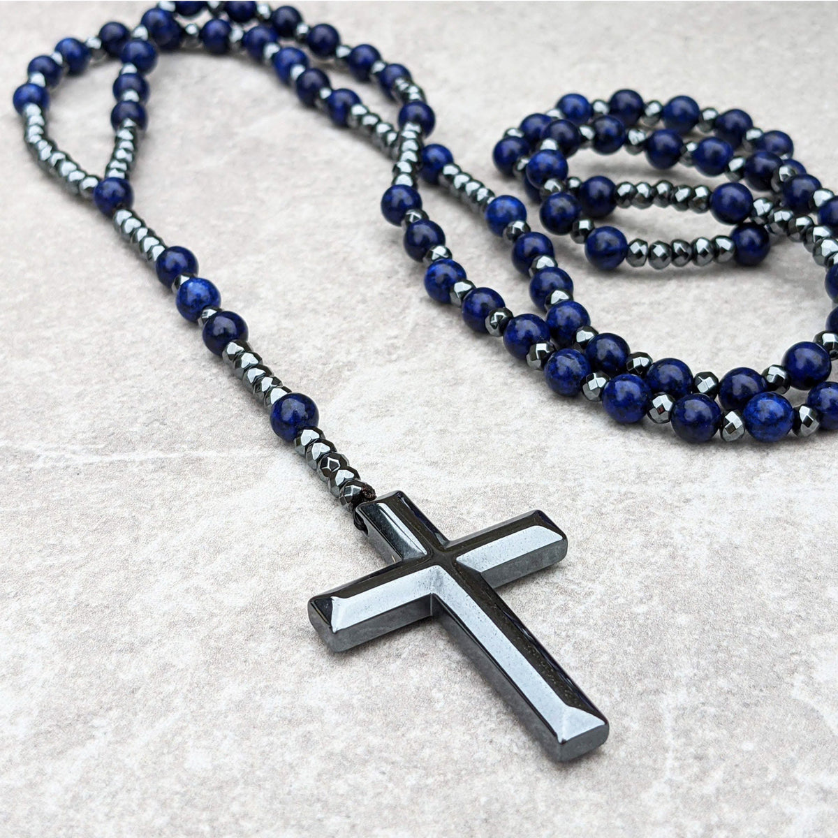 Collier chapelet pour homme en pierres naturelles, œil-de-tigre, lapis-lazuli, croix, perles, réglable, spirituel, bijou de prière | Sulvida