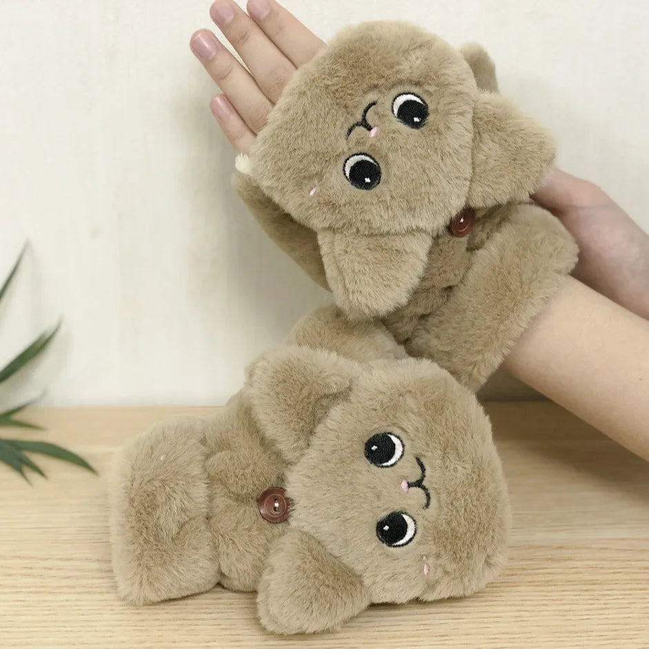 Pluche Dieren Vingerloze Handschoenen met Omklapbare Flap – Warm Schattig Winteraccessoire voor Dames | Sulvida